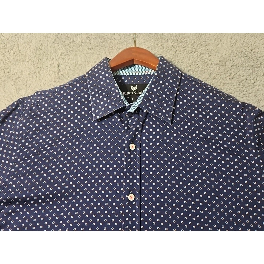 Buttercloth Short Sleeve Shirt‎ Mens Size Large Blue White Dot Cotton Stretch